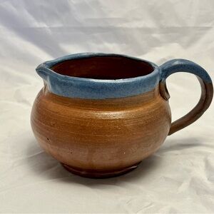 Terracotta Wide Mouth Pitcher, Glazed Blue Stripe, Vintage EUC